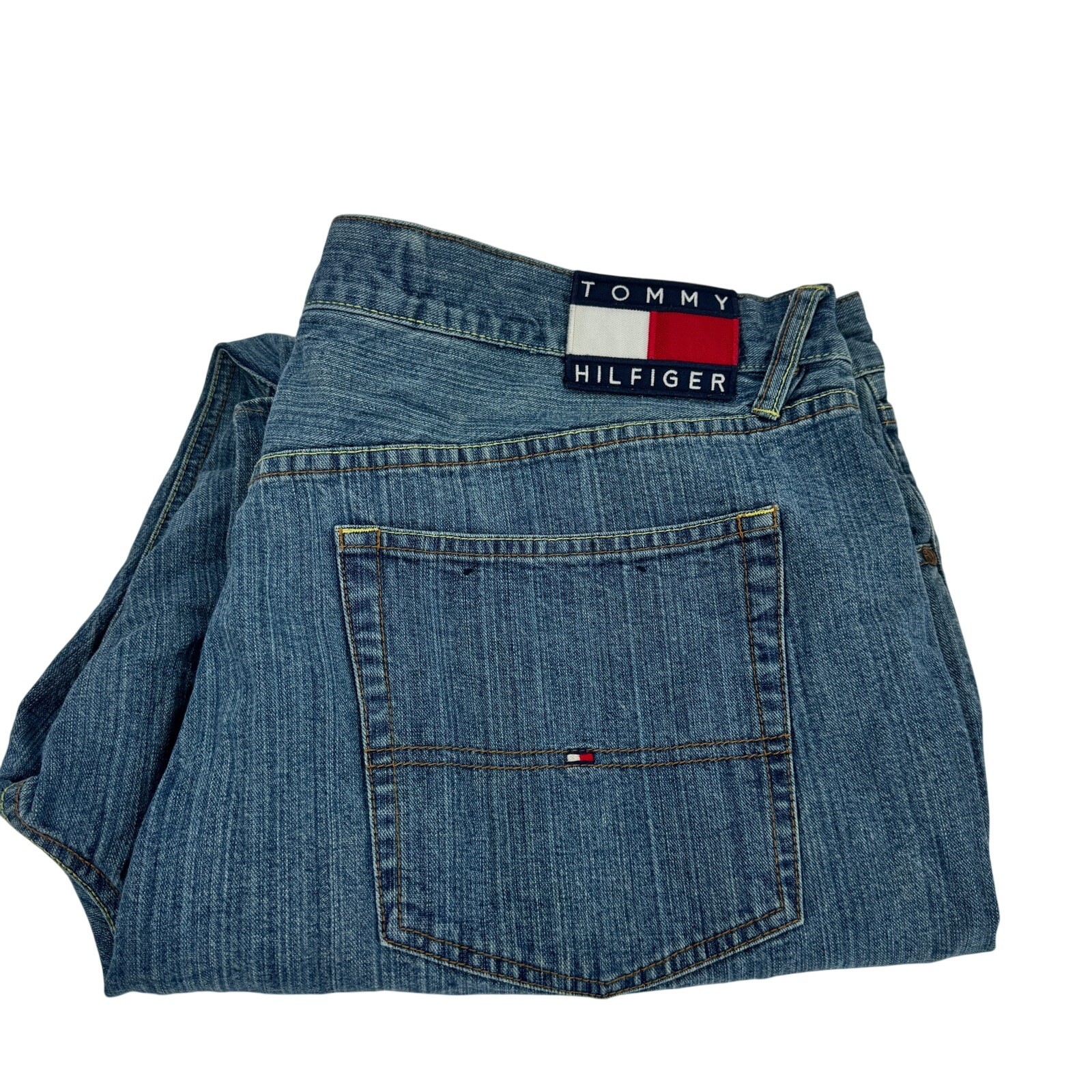 Tommy Hilfiger Baggy Jeans Mens 42x32 ACTUAL Blue Denim Flag Patch Vintage 2002