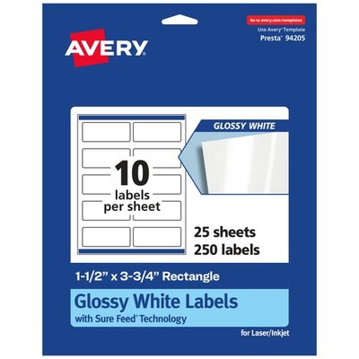Avery Glossy White Rectangle Labels Sure Feed Technology 1.5 X 3.75 250 Glossy