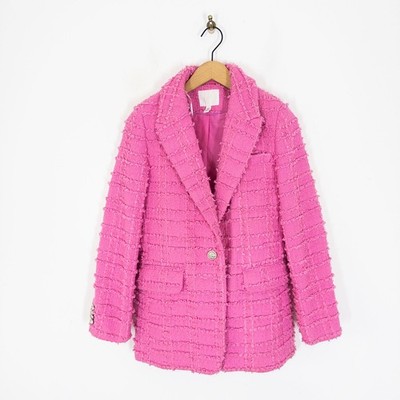 H&M Blazer Jacke rosa Struktur Webmuster Gr. XS 6 8 Oversized Boucle Karo