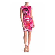 Love...Ady Printed Cap Sleeve Sheath Scuba Dress Pink Small