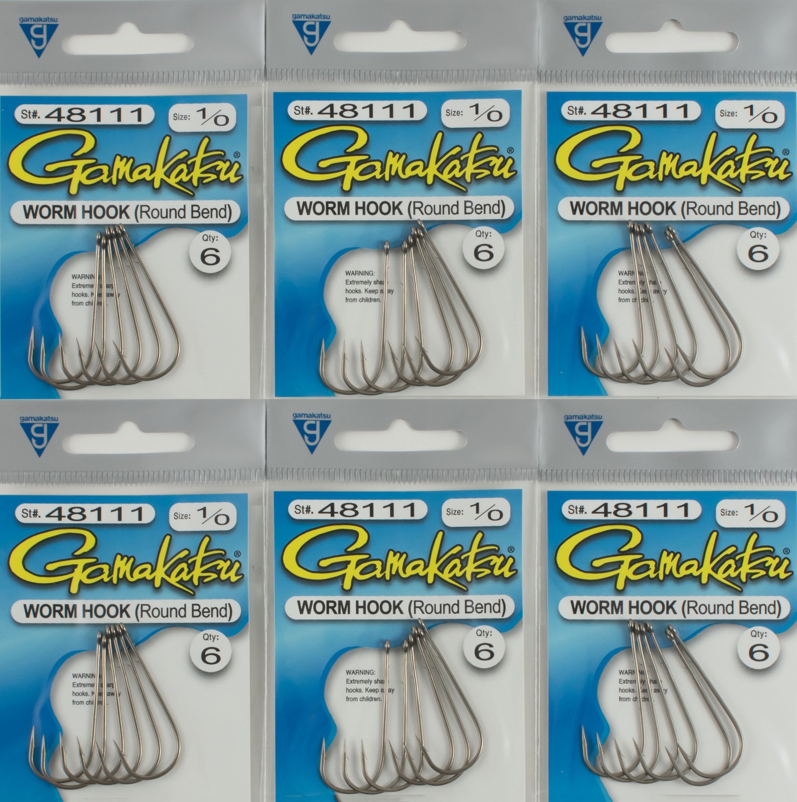 LOT OF 6 GAMAKATSU WORM HOOK ROUND BEND BRONZE 1/0 48111 D4320 FISHING HOOKS