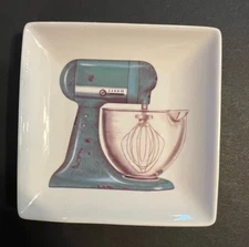 Creative Co-op Mini Ceramic Trinket Holder Dish Blue White Stand Mixer 4" Square