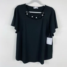89th + Madison Size XL Jewel Neck Short Sleeve Blouse Top Black