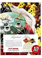 1951 A&P COFFEE Large Genuine Vintage Print Ad Eight O'Clock Flower Garden Scene