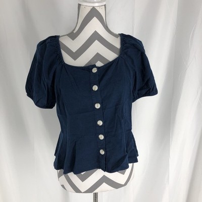 Universal Thread Small Blue Linen Blend Puff Sleeve Button Front Top Boho Blouse