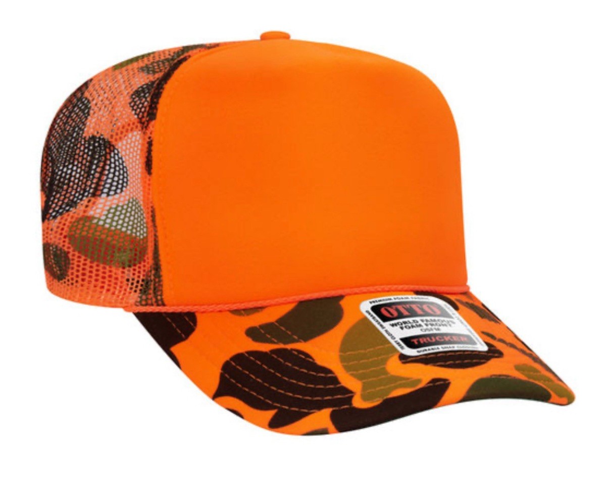 NEW OTTO CAP 39165 ORANGE CAMO HAT 5 PANEL HIGH CROWN TRUCKER