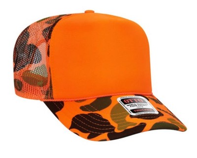 NEW OTTO CAP 39165 ORANGE CAMO HAT 5 PANEL HIGH CROWN TRUCKER