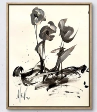 Maria Art BLACK FLOWERS WHITE BACKING 14x17 PAPER Abstract Modern Original Wall
