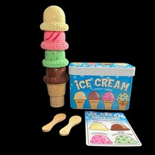 Melissa  Doug Ice Cream Play Set Tub 4 Scoops Menu Spoons Cone Incomplete