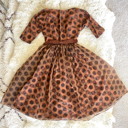 1950's VINTAGE Fit N Flare Polka Dot Chiffon Party Dress w/ Bow Belt