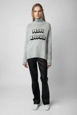 ZADIG & VOLTAIRE Alma We Mon Amour Graphic Grey Cable Knit Turtle