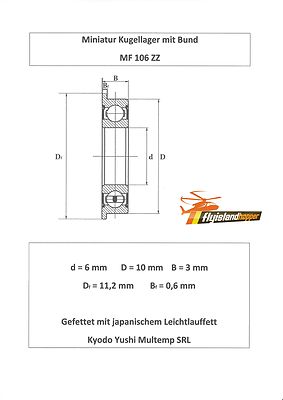 10x Bund Kugellager MF 106 ZZ 6x10x3 mm Flange Bearing Flansch Kugellager 
