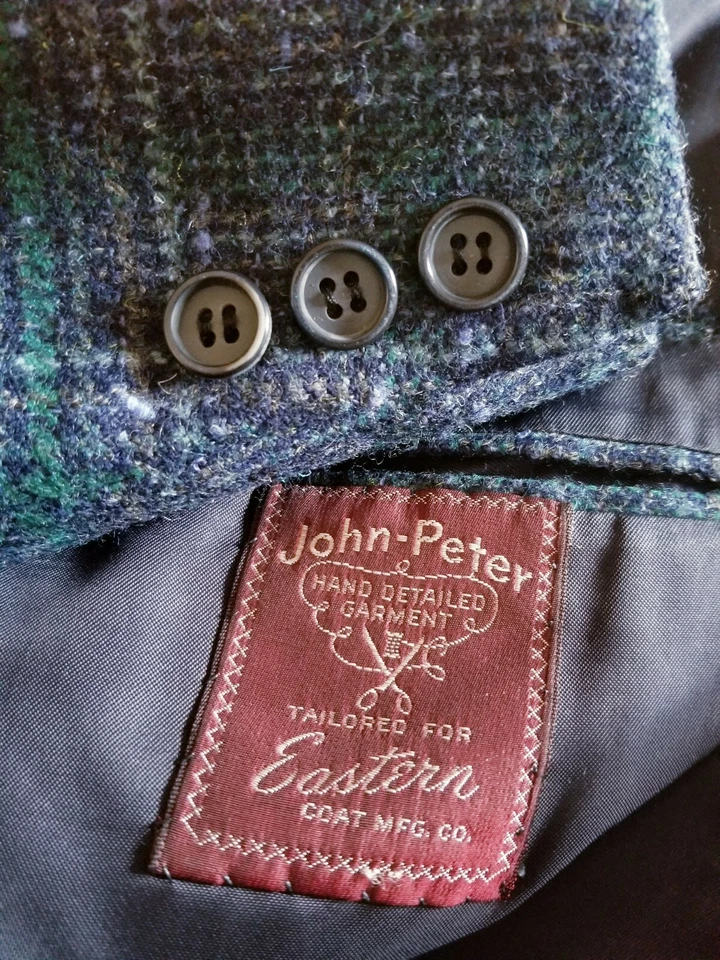 Chaqueta Abrigo Deportivo 38S Vintage Hecha en FRANCIA Azul Verde Mancha a Cuadros Lana Tweed Foto 3 de 4