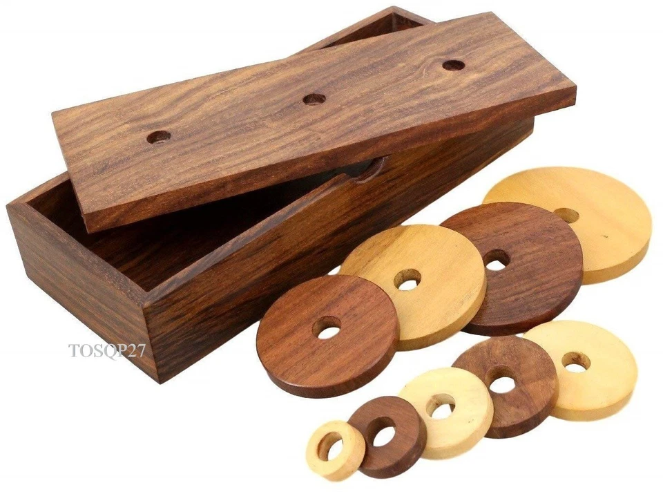 Tower of Hanoi 9 Ring Puzzle Game Wooden Best Unique Gift Brainteaser Toys - Image 3 of 4