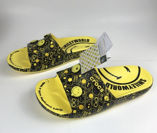 Crocs Smiley World Classic Slide Sandal Men 6 , Women 8 Black & Yellow New - Picture 4 of 8