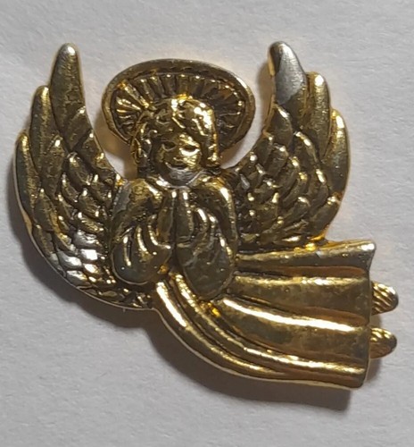 Vintage Praying Flying Angel Gold Toned Medal Pin