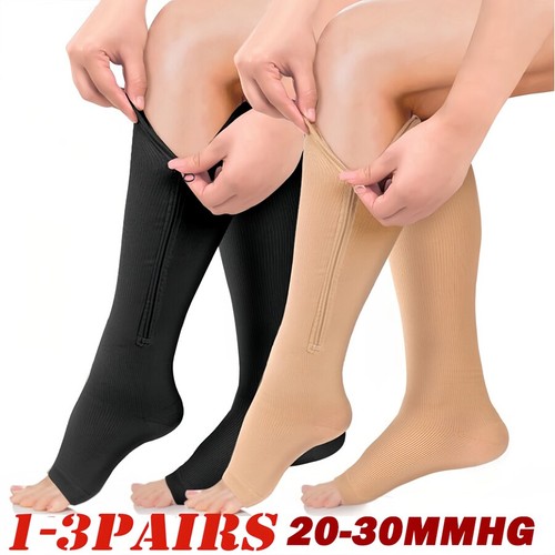 1-3Pair Zipper Compression Socks 20-30 mmHg Open Toe for Varicose Vein Men Women