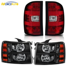 Box(4) Black Headlight + Red Tail Light Fits For Silverado 1500 2500HD 3500HD