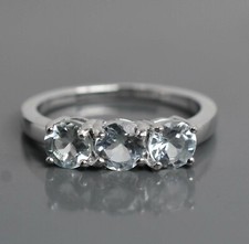 925 Sterling Silver 5 MM Round Cut Aquamarine Natural Gemstone Three Stone Ring