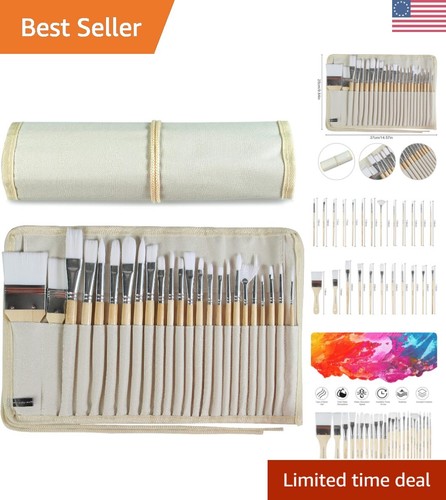 Professional 24-Piece Paint Brush Set with Wooden Handles & Canvas Case