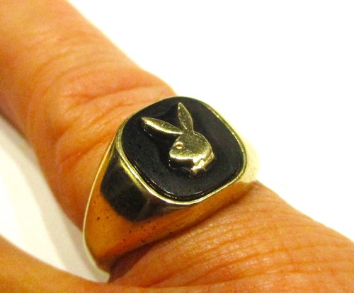 STERLING SILVER GOLD PLATED ONYX SET PLAYBOY MENS SIGNET RING SIZE R