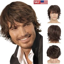 Men Short Brown Wig Natural Fluffy Synthetic Hair Wig Heat Resistant for Cosplay