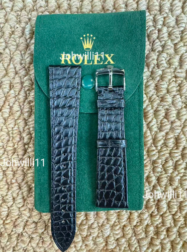 ROLEX 20mm Black Crocodile Leather Band 𝐑𝐎𝐋𝐄𝐗 Buckle NOS Silver Plated
