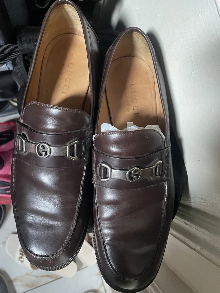 Mocasines Gucci de cuero marrón para hombre Gucci 7,5 parte inferior de cuero/doble logotipo G plateado Foto 2 de 4