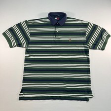 Tommy Hilfiger Mens Green Striped Short Sleeve Polo Shirt Large Crest Logo L