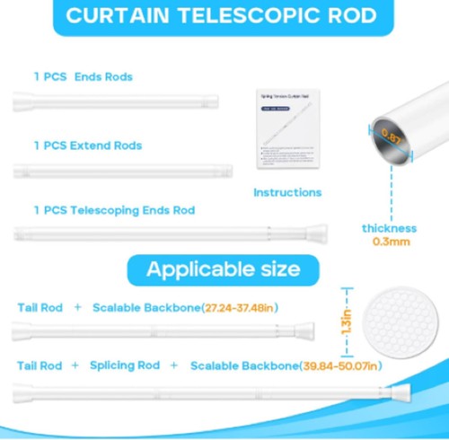 Adjustable White Telescopic Curtain Rod with End Caps - Picture 2 of 2