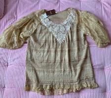 NWT Axes Femme Tan Sheer Lace Blouse Balloon Sleeve Ruffle Kawaii Japan