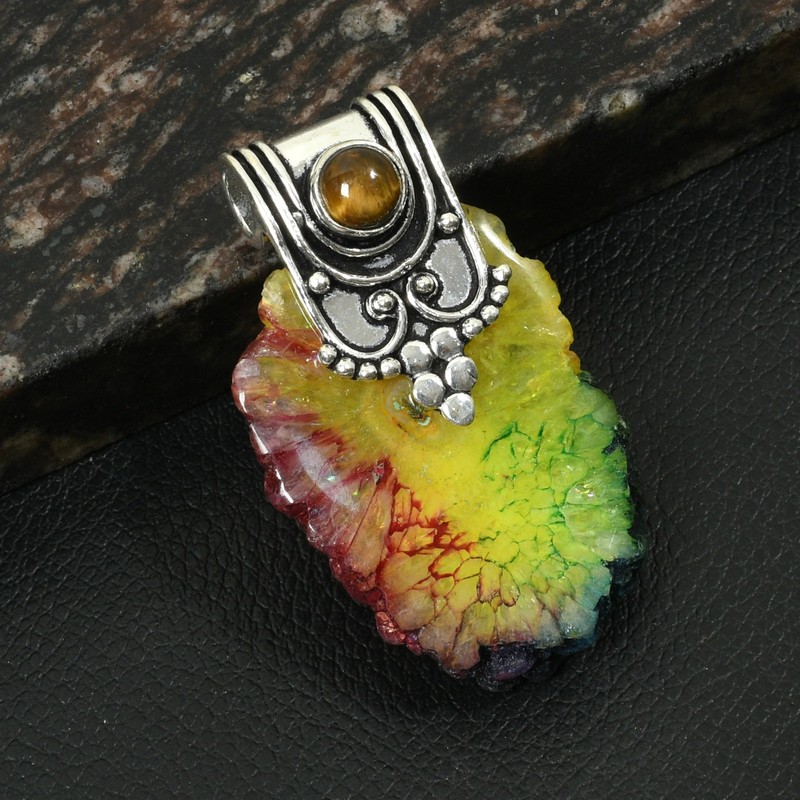 Rainbow Solar Quartz Tiger Eye Gemstone Ethnic Pendant Jewelry 2" AP-30473