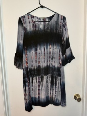 Chalet et Ceci Black Gray Purple Tie Dye Rayon Shift Dress Ruffle Sleeve Knee M