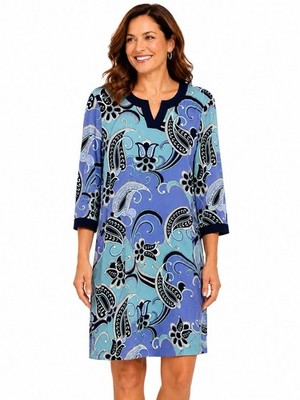 Chico s Size 2 Blue Purple Paisley Shift Dress 3/4 Sleeve Stretch Knee Length