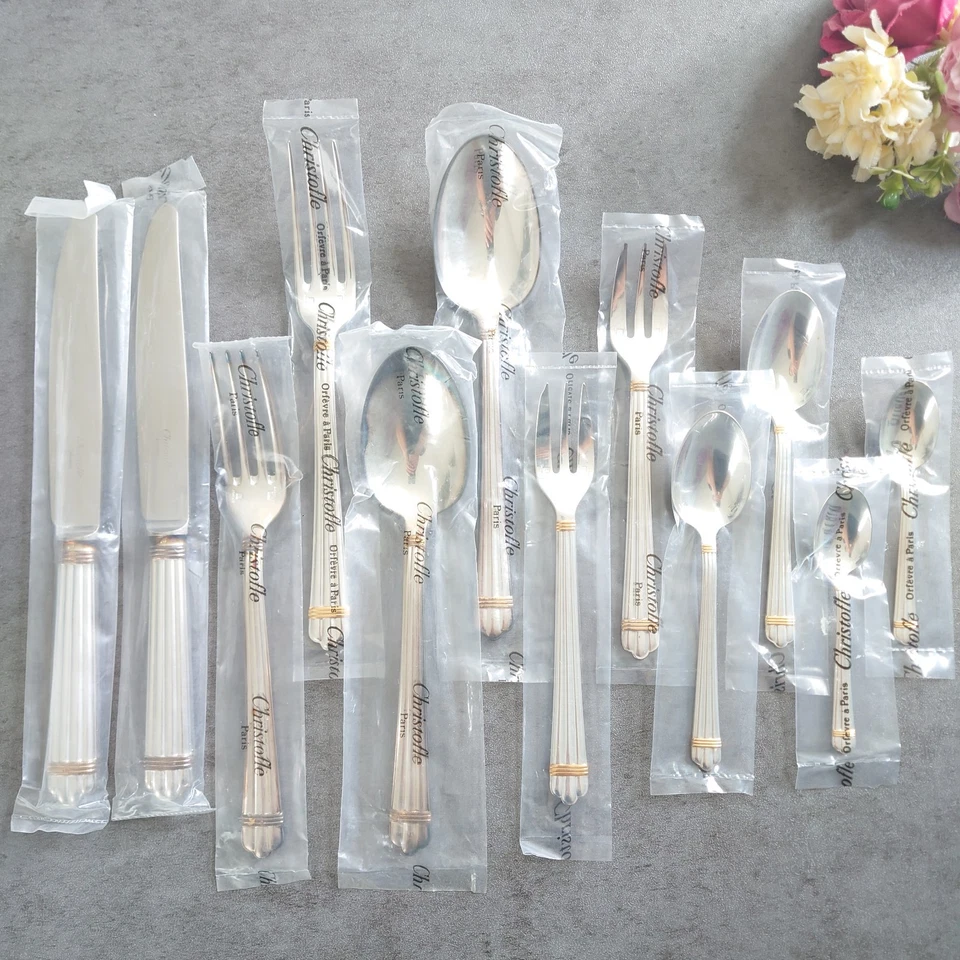 Christofle Aria Goldring Standard 12pcs Silverplate Gold Accents Brand New - Image 2 of 4