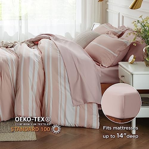 Comforter Set 7 Pieces, Light Pink Striped Bedding Set Queen 15 - Light Pink - Picture 6 of 7