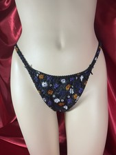 Vintage Midnight Black Floral Satin String Bikini Panties Size 6