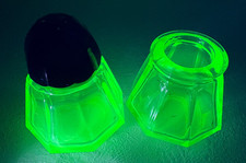 Art Deco Czech Uranium Vaseline Glass Salt Shaker Toothpick Holder Set Black Cap