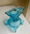 Aqua Blue Fenton LG Wright Daisy & Button Footed Candle Stick Holder Finger Loop
