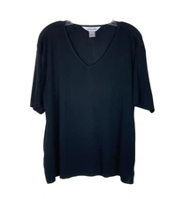 Exclusively Misook Women's V-Neck Shirt Size L Black Short Sleeve Side Slits