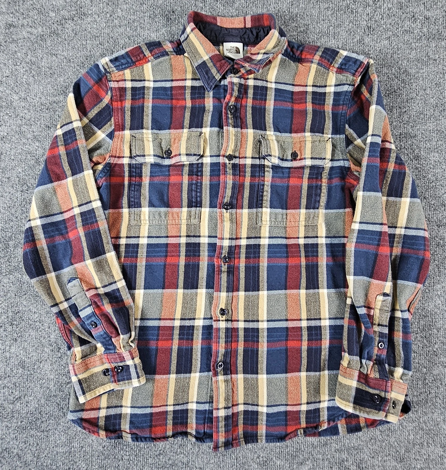 North Face Shirt Mens Large Blue Red Yellow Plaid Flannel Button Up Outdoors