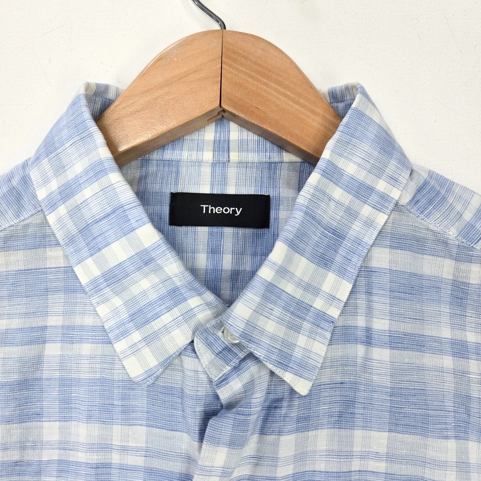 Theory Mens Large L Linen Blend Blue White Gingham Check Button Shirt - Image 3 of 4