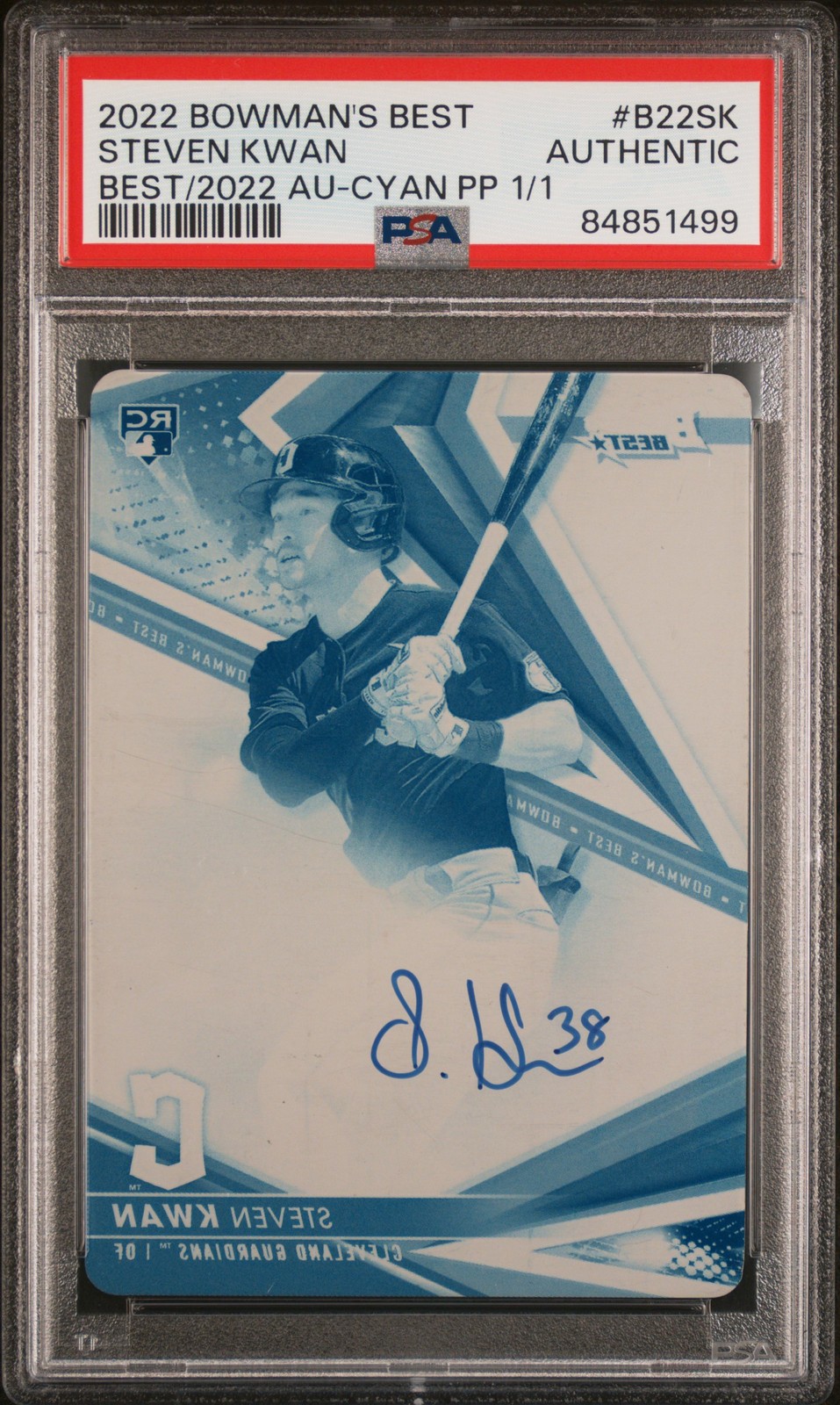 2022 Bowmans Best AUTO Printing Plate Cyan Steven Kwan Guardians ROOKIE CARD PSA view 1