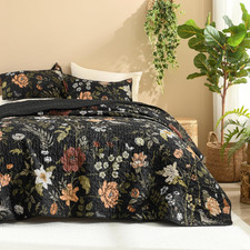 Floral Black Quilt Queen Size - 3 Pieces Botanical Birds Pattern Quilt Bedding,