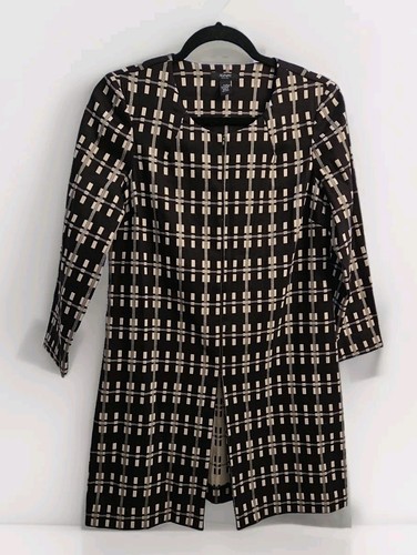 Alfani Women M/P Black Beige Plaid Open Over Coat Long Jacket Blazer Career - Picture 3 of 13