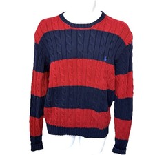 Vintage 90s Polo Ralph Lauren Cable Knit Striped Sweater Red Blue Medium