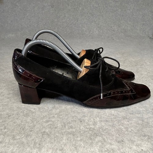 VanEli Womens Black Suede Brown Patent Crocodile Wingtip Lace Up Heels 8M Witchy - Picture 2 of 9