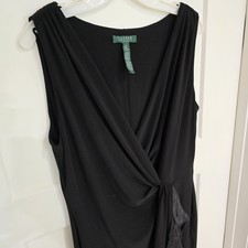 Lauren Ralph Lauren Little Black Dress Ruched V-Neck 14 Stretch Formal Cocktail 