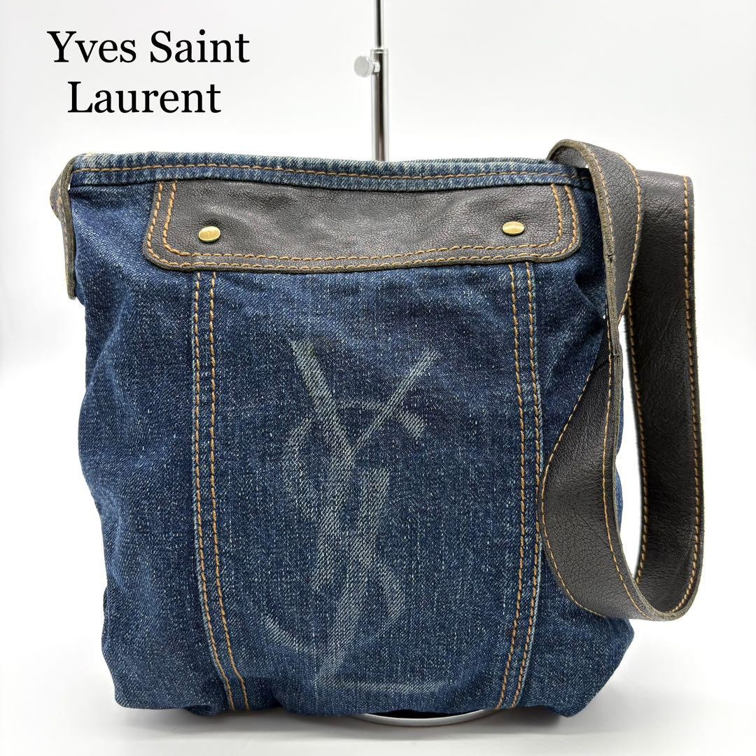Borsa a tracolla Yves Saint Laurent YSL logo denim blu L24xH27xP7 cm tracolla 103 cm
