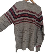 Vintage Wool Nordic Fair Isle Sweater Gray Red Blue Heathered Knit L/XL